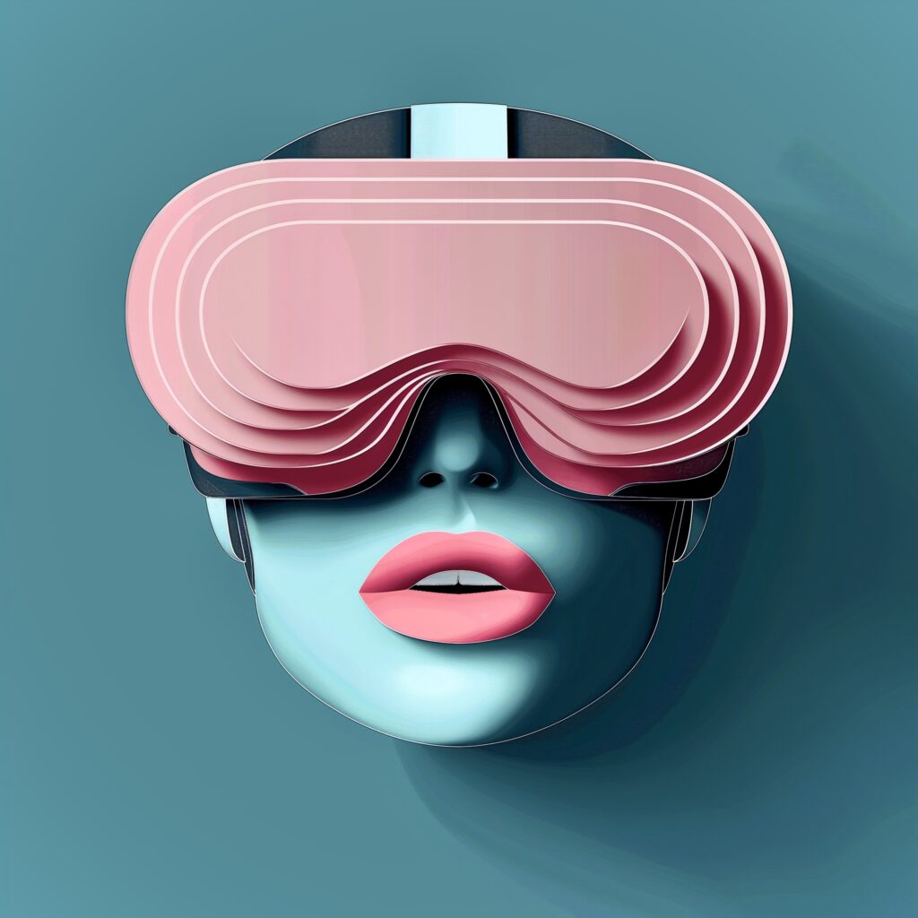 a woman's head wearing a pink VR headset